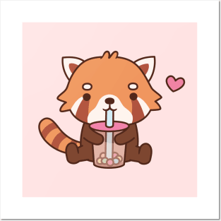 Cute Red Panda Drinking Bubble Tea Posters and Art